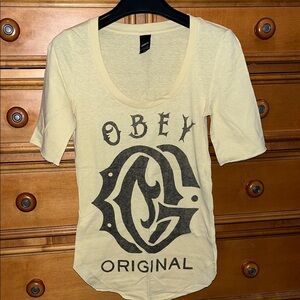 Obey Cream Short Sleeve Graphic Tee with Black Logo